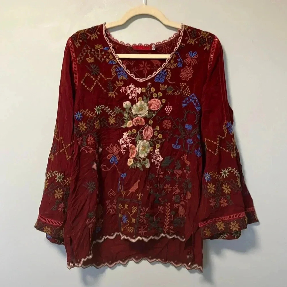 Johnny Was burgundy embroidered  embroidery blouse